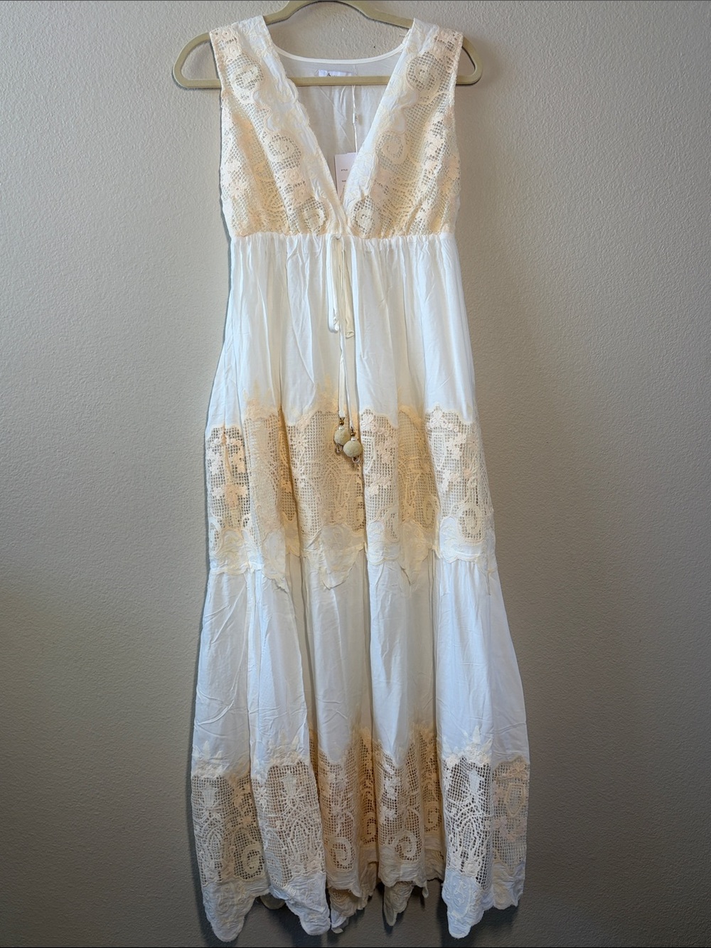 Bohemian Cream-Trim White Maxi Dress with Tassel Tie